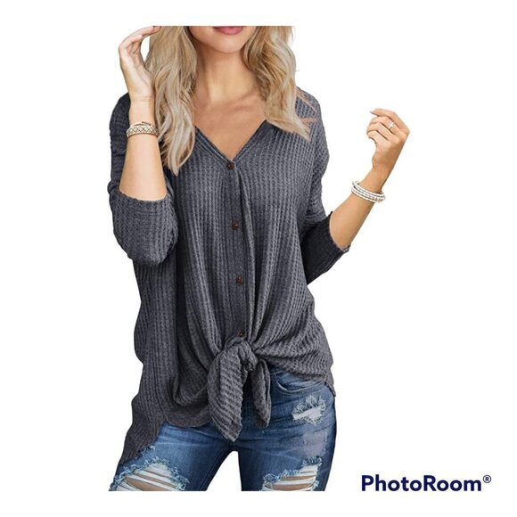 IWOLLENCE Tops - IWOLLENCE Gray Waffle Knit Blouse Tie Knot Henley Medium